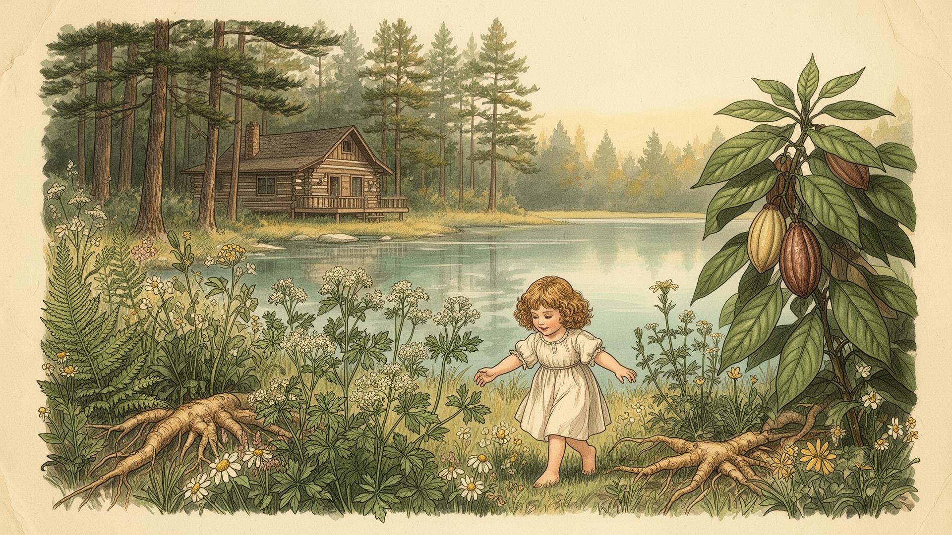 Vintage illustration of a young girl playing in a wild herb garden with licorice and cacao plants beside a Northern Michigan lakeside cabin