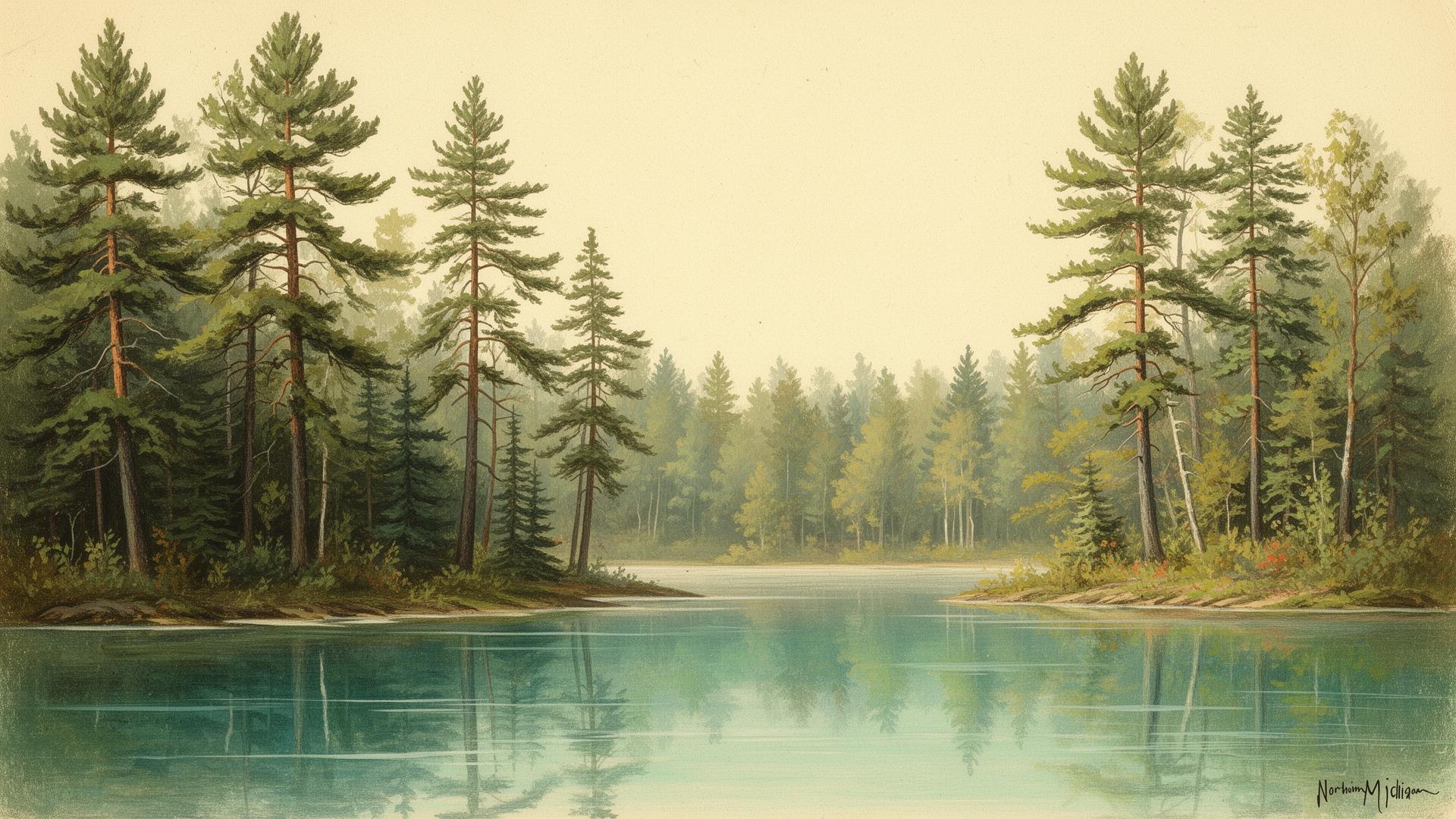 Wild pine trees along a crystal-clear Northern Michigan lake